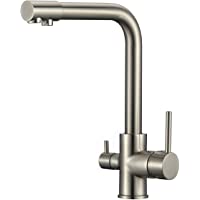 VALAZ Grifo de cocina 3 vías para ósmosis monomando giratorio 360 nikel para fregadero acero cepillado